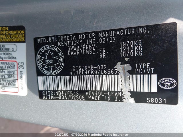 Продажа на аукционе авто 2007 Toyota Camry Ce/le/xle/se, vin: 4T1BE46K97U656559, номер лота: 20270252