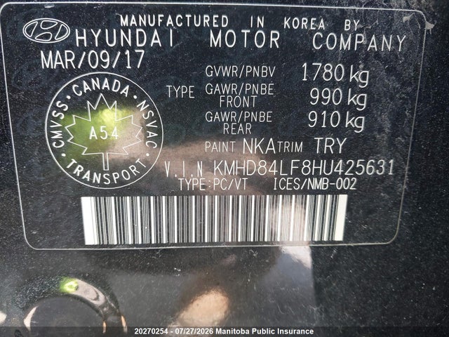 20270254 :رقم المزاد ، KMHD84LF8HU425631 vin ، 2017 Hyundai Elantra Gls مزاد بيع