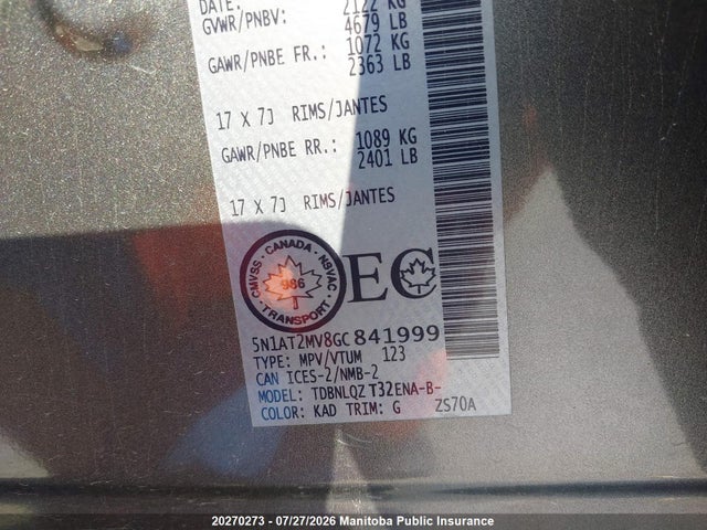 5N1AT2MV8GC841999 Nissan ROGUE SV