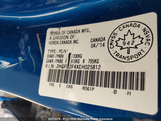 Honda Civic Lx 2014 2HGFB2F4XEH025812 Image 8