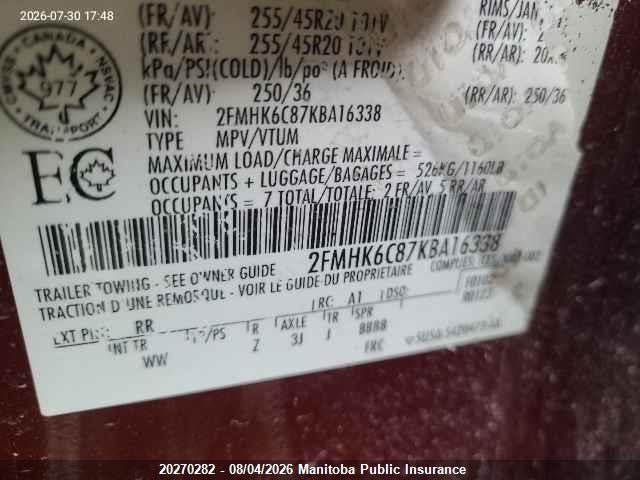 2019 Ford Flex Sel მანქანა იყიდება აუქციონზე, vin: 2FMHK6C87KBA16338, აუქციონის ნომერი: 20270282