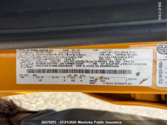 20270293 :رقم المزاد ، 3FADP4FJ9BM143636 vin ، 2011 Ford Fiesta Ses مزاد بيع