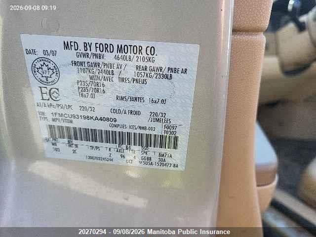 Продажа на аукционе авто 2008 Ford Escape Xlt V6, vin: 1FMCU93198KA40809, номер лота: 20270294