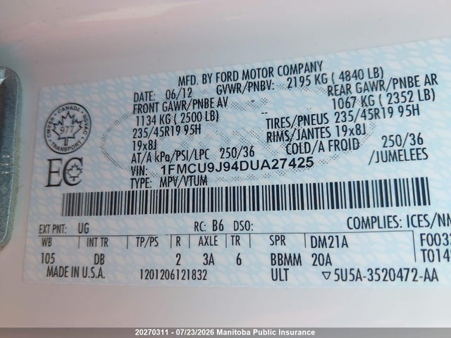 Продажа на аукционе авто 2013 Ford Escape Sel, vin: 1FMCU9J94DUA27425, номер лота: 20270311