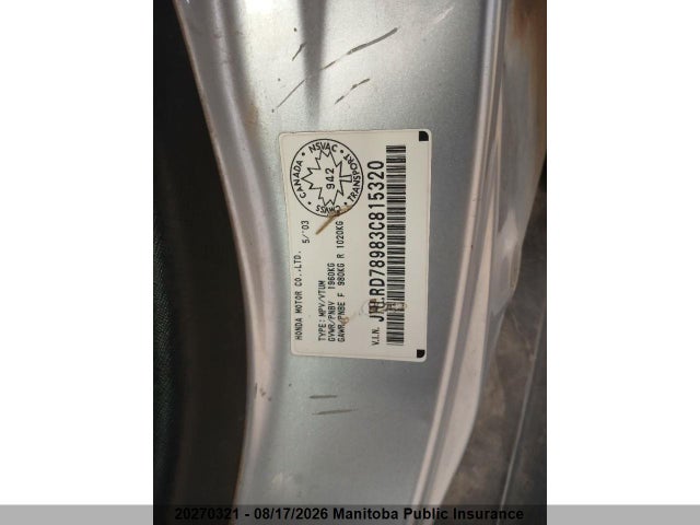 Продаж на аукціоні авто 2003 Honda Cr-v Ex, vin: JHLRD78983C815320, номер лоту: 20270321