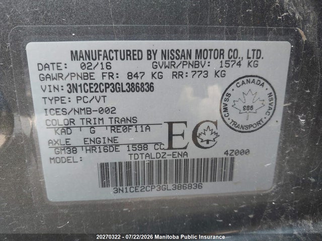 Aukcja sprzedaży 2016 Nissan Versa Note Sv, vin: 3N1CE2CP3GL386836, numer aukcji: 20270322