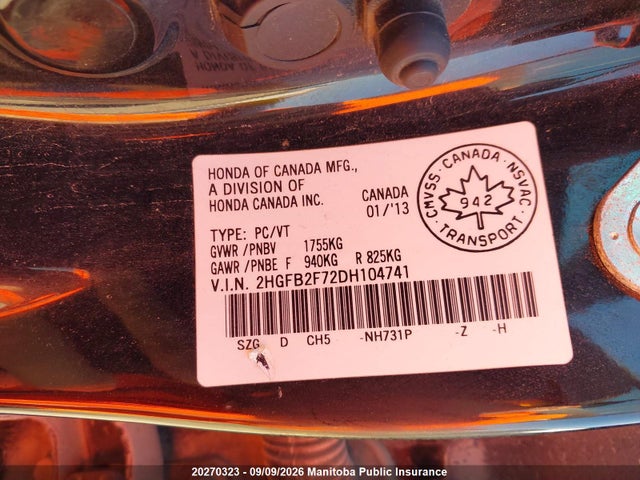 2013 Honda Civic Touring მანქანა იყიდება აუქციონზე, vin: 2HGFB2F72DH104741, აუქციონის ნომერი: 20270323