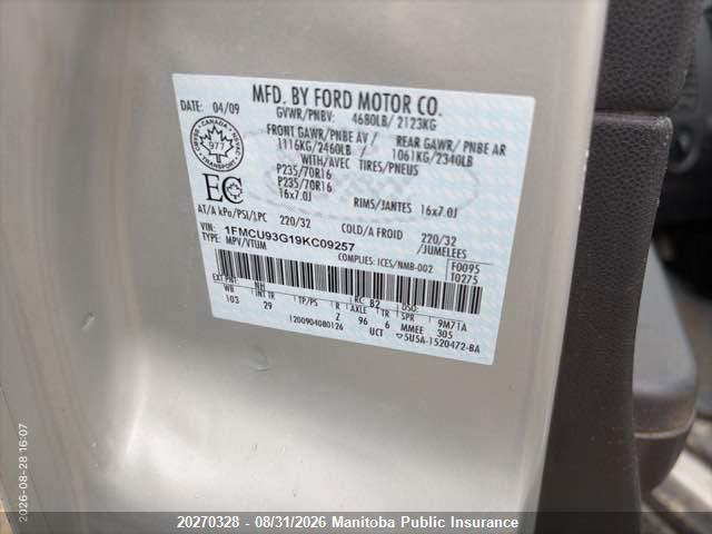 Продажа на аукционе авто 2009 Ford Escape Xlt V6, vin: 1FMCU93G19KC09257, номер лота: 20270328