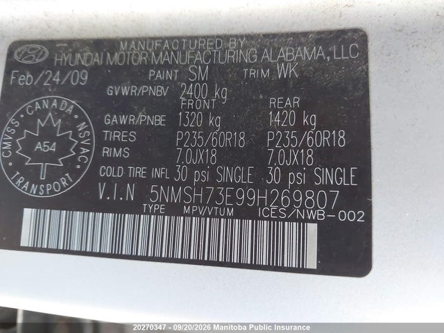 Продаж на аукціоні авто 2009 Hyundai Santa Fe Limited, vin: 5NMSH73E99H269807, номер лоту: 20270347