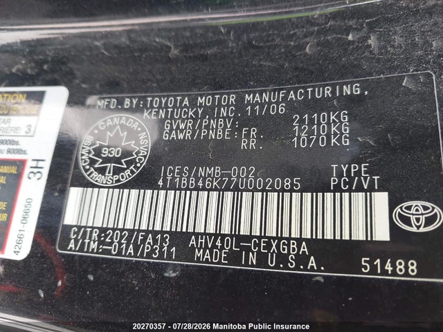 Продаж на аукціоні авто 2007 Toyota Camry Hybrid, vin: 4T1BB46K77U002085, номер лоту: 20270357