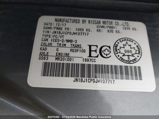 20270362 :رقم المزاد ، JN1BJ1CP0JW107717 vin ، 2018 Nissan Qashqai Sv مزاد بيع