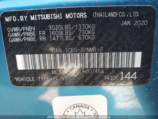 Продажа на аукционе авто 2020 Mitsubishi Mirage Es, vin: ML32A3HJXLH007454, номер лота: 20270368