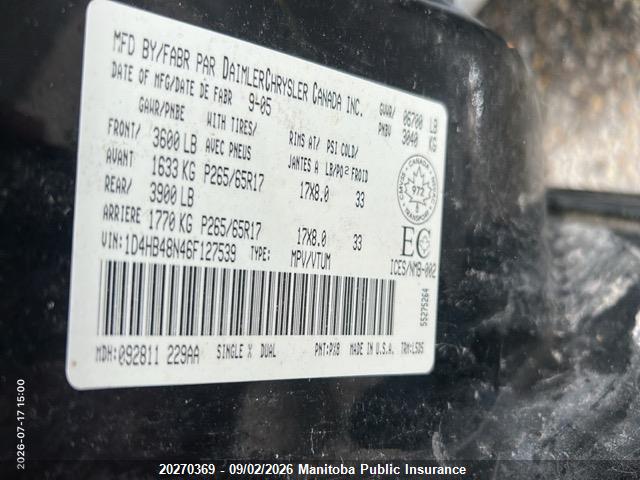 Aukcja sprzedaży 2006 Dodge Durango Adventurer, vin: 1D4HB48N46F127539, numer aukcji: 20270369