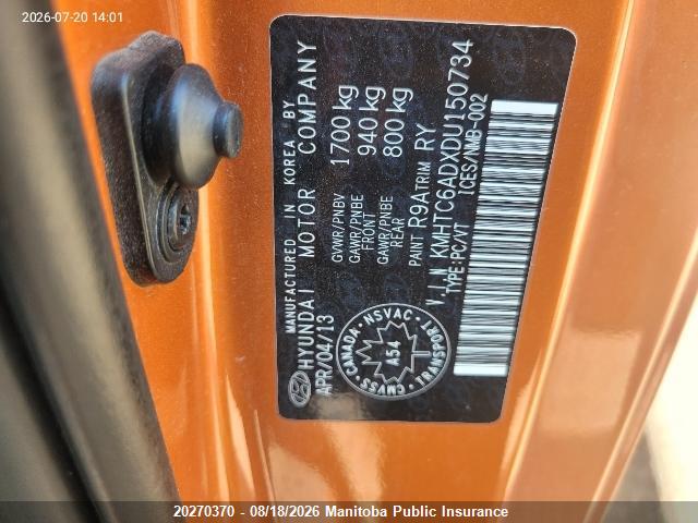 20270370 :رقم المزاد ، KMHTC6ADXDU150734 vin ، 2013 Hyundai Veloster مزاد بيع