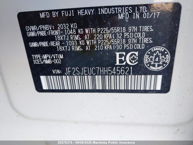 Aukcja sprzedaży 2017 Subaru Forester 2.5i, vin: JF2SJEUC7HH545621, numer aukcji: 20270374
