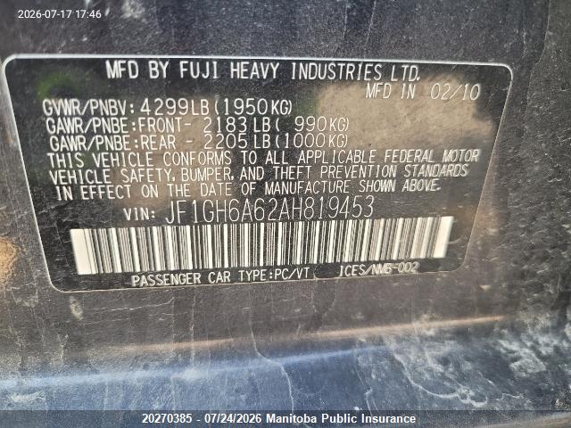 Продаж на аукціоні авто 2010 Subaru Impreza 2.5i, vin: JF1GH6A62AH819453, номер лоту: 20270385