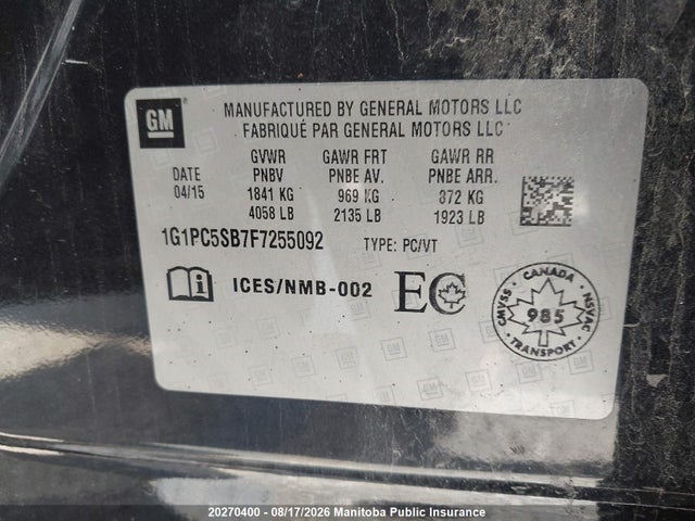 1G1PC5SB7F7255092 Chevrolet Cruze Lt Turbo