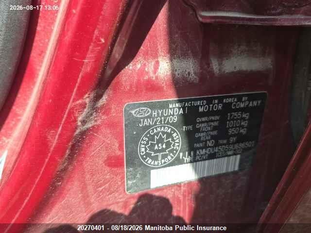 20270401 :رقم المزاد ، KMHDU45D59U686501 vin ، 2009 Hyundai Elantra Gl مزاد بيع