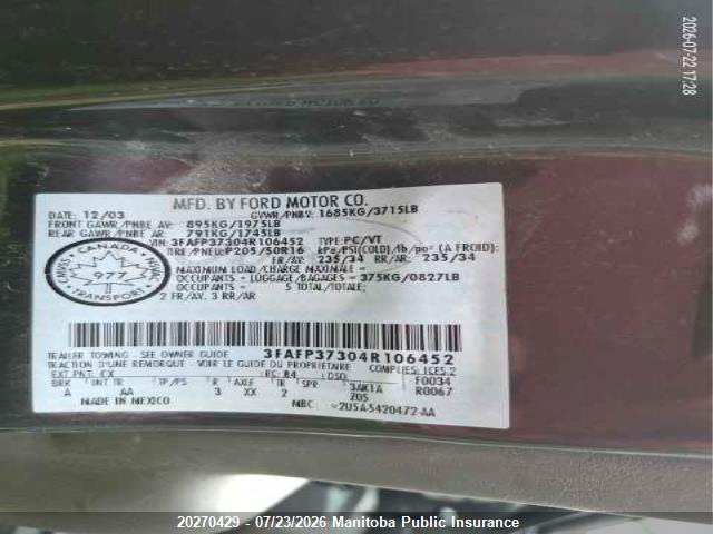 Продаж на аукціоні авто 2004 Ford Focus Zx5, vin: 3FAFP37304R106452, номер лоту: 20270429