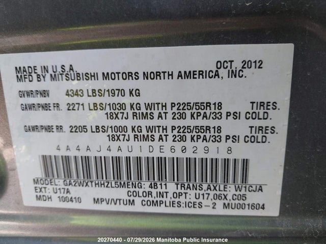 Aukcja sprzedaży 2013 Mitsubishi Rvr Gt, vin: 4A4AJ4AU1DE602918, numer aukcji: 20270440