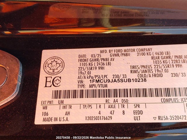 20270458 :رقم المزاد ، 1FMCU9JA5SUB10238 vin ، 2025 Ford Escape Platinum 2.0t مزاد بيع