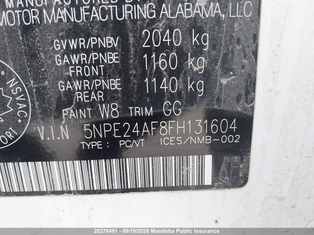 5NPE24AF8FH131604 Hyundai SONATA GL