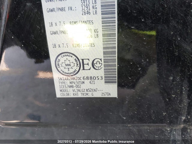 20270513 :رقم المزاد ، 5N1AR2MM2DC688053 vin ، 2013 Nissan Pathfinder Sl مزاد بيع