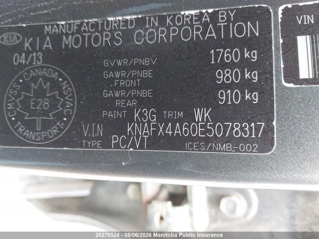 20270524 :رقم المزاد ، KNAFX4A60E5078317 vin ، 2014 Kia Forte Lx مزاد بيع