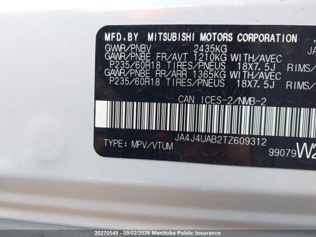 Aukcja sprzedaży 2026 Mitsubishi Outlander Es, vin: JA4J4UAB2TZ609312, numer aukcji: 20270549