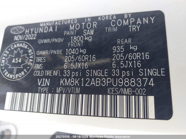 20270550 :رقم المزاد ، KM8K12AB3PU988374 vin ، 2023 Hyundai Kona Essential مزاد بيع