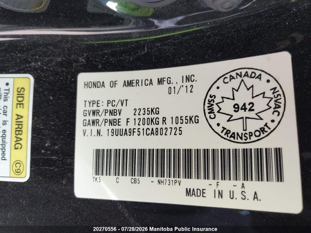 20270556 :رقم المزاد ، 19UUA9F51CA802725 vin ، 2012 Acura Tl مزاد بيع
