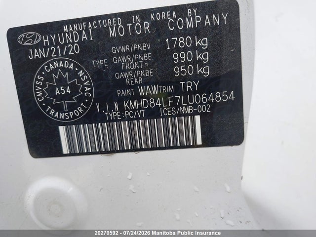 20270592 :رقم المزاد ، KMHD84LF7LU064854 vin ، 2020 Hyundai Elantra Preferred Auto Ivt مزاد بيع