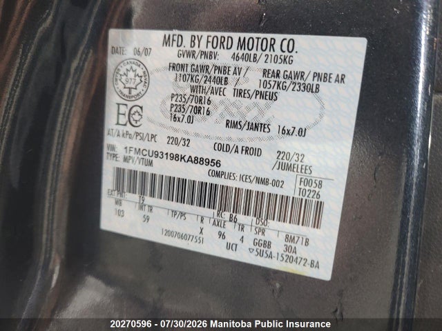 20270596 :رقم المزاد ، 1FMCU93198KA88956 vin ، 2008 Ford Escape Xlt مزاد بيع
