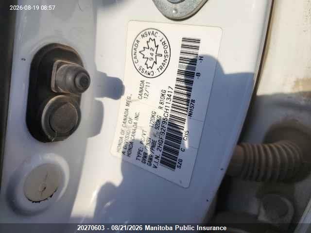 20270603 :رقم المزاد ، 2HGFB2F95CH113417 vin ، 2012 Honda Civic Ex-l مزاد بيع