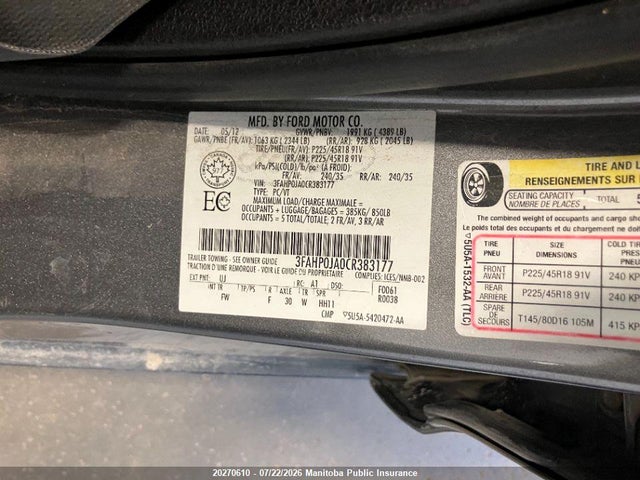 Aukcja sprzedaży 2012 Ford Fusion Se, vin: 3FAHP0JA0CR383177, numer aukcji: 20270610