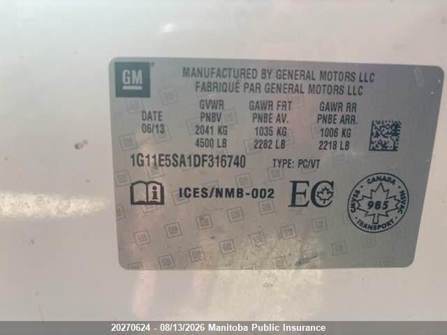 2013 Chevrolet Malibu Lt მანქანა იყიდება აუქციონზე, vin: 1G11E5SA1DF316740, აუქციონის ნომერი: 20270624