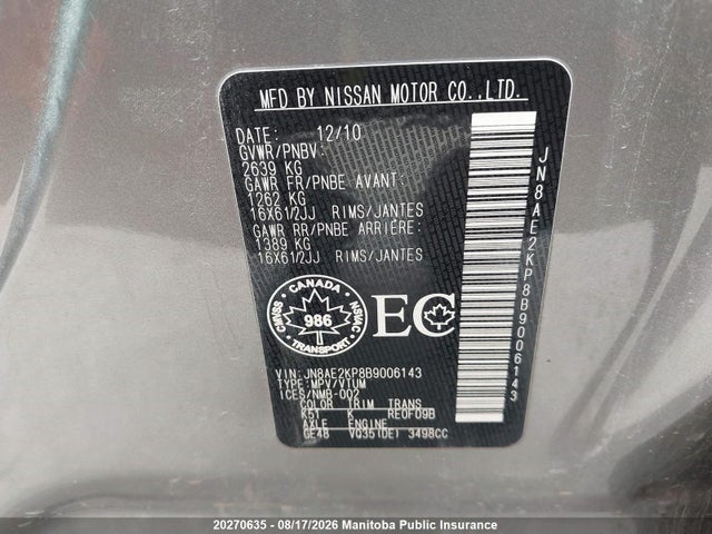 Продаж на аукціоні авто 2011 Nissan Quest 3.5 S, vin: JN8AE2KP8B9006143, номер лоту: 20270635