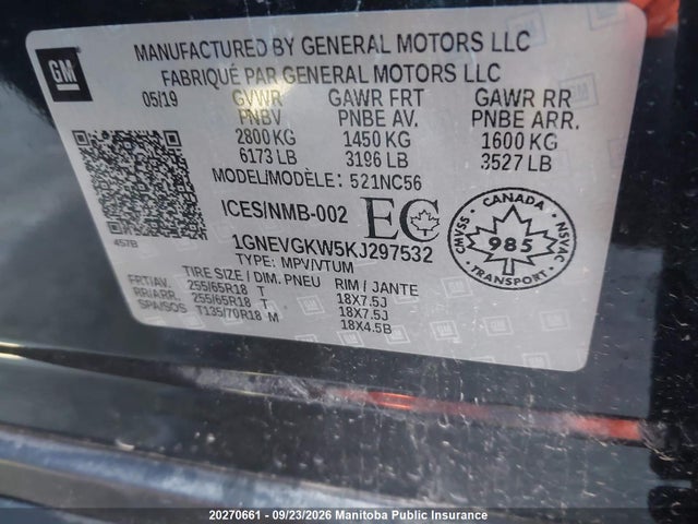 Продаж на аукціоні авто 2019 Chevrolet Traverse Lt, vin: 1GNEVGKW5KJ297532, номер лоту: 20270661