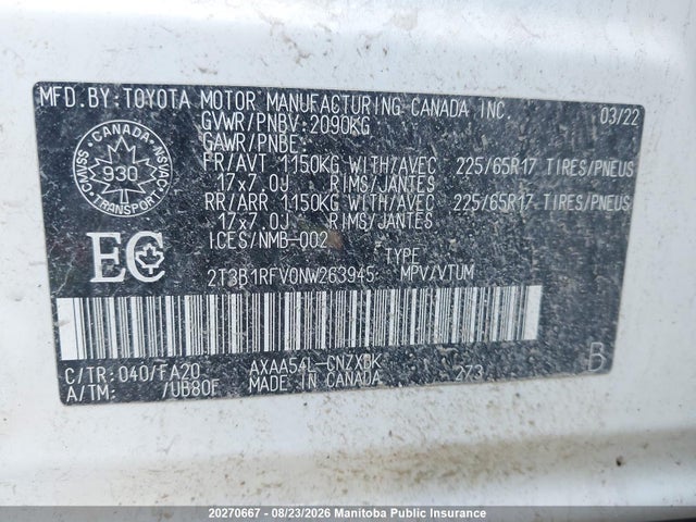 2T3B1RFV0NW263945 Toyota RAV4 LE