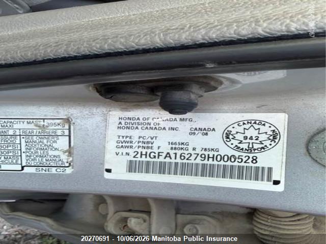 Продажа на аукционе авто 2009 Honda Civic Dx, vin: 2HGFA16279H000528, номер лота: 20270691