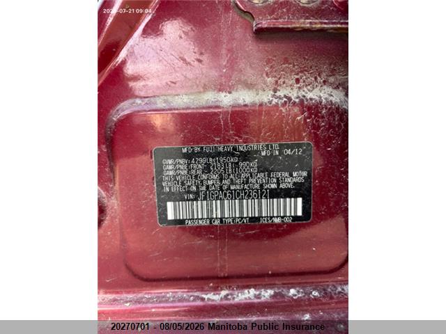 20270701 :رقم المزاد ، JF1GPAC61CH236121 vin ، 2012 Subaru Impreza 2.0i مزاد بيع