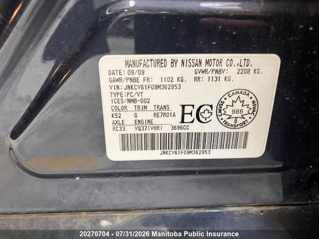 Aukcja sprzedaży 2009 Infiniti G37 X, vin: JNKCV61F09M362953, numer aukcji: 20270704