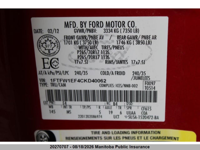 20270707 :رقم المزاد ، 1FTFW1EF4CKD40062 vin ، 2012 Ford F150 Xlt Supercrew مزاد بيع