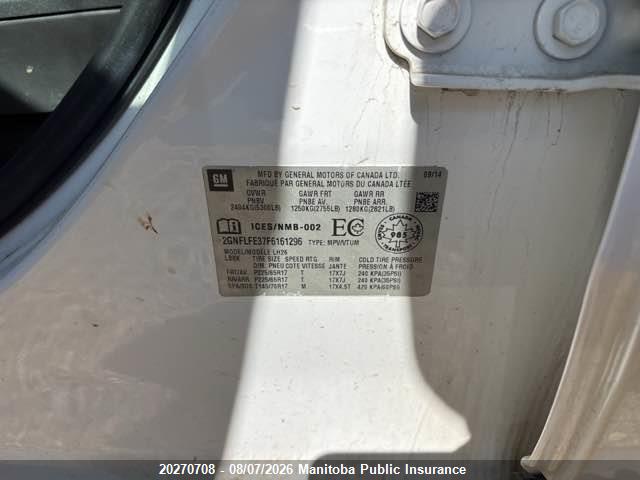20270708 :رقم المزاد ، 2GNFLFE37F6161296 vin ، 2015 Chevrolet Equinox Lt V6 مزاد بيع