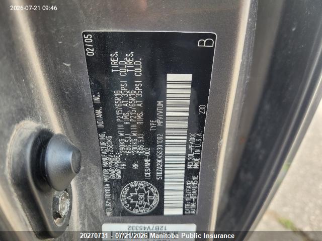 Продаж на аукціоні авто 2005 Toyota Sienna Ce V6, vin: 5TDZA29C45S301002, номер лоту: 20270731