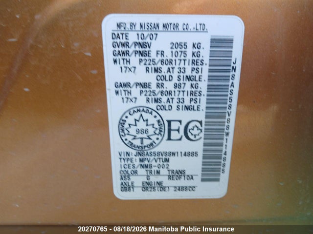 Aukcja sprzedaży 2008 Nissan Rogue Sl, vin: JN8AS58V88W114885, numer aukcji: 20270765