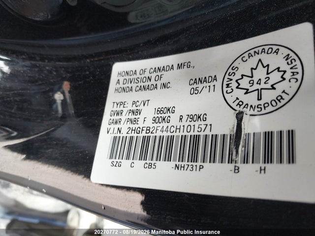 2012 Honda Civic Lx მანქანა იყიდება აუქციონზე, vin: 2HGFB2F44CH101571, აუქციონის ნომერი: 20270772