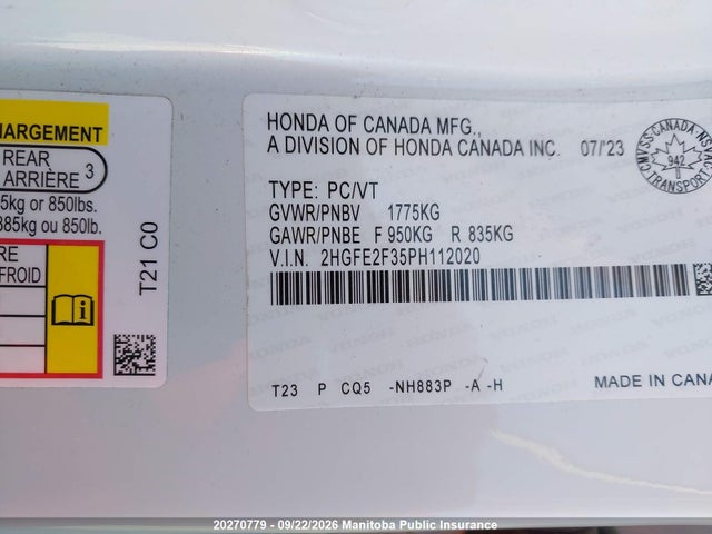 Aukcja sprzedaży 2023 Honda Civic Ex, vin: 2HGFE2F35PH112020, numer aukcji: 20270779