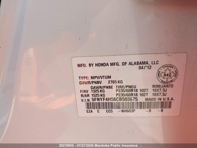 Продажа на аукционе авто 2012 Honda Pilot Ex-l, vin: 5FNYF4H56CB503675, номер лота: 20270850