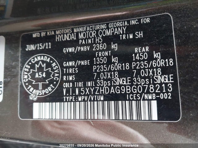 Aukcja sprzedaży 2011 Hyundai Santa Fe Limited, vin: 5XYZHDAG9BG078213, numer aukcji: 20270855